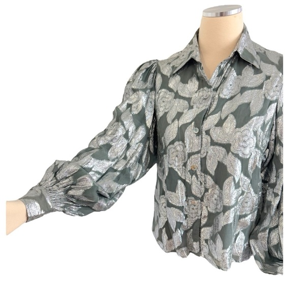 JEN'S PIRATE BOOTY Rising Star Metallic Silver Button Down Putf Sleeve Blouse - Picture 9 of 16